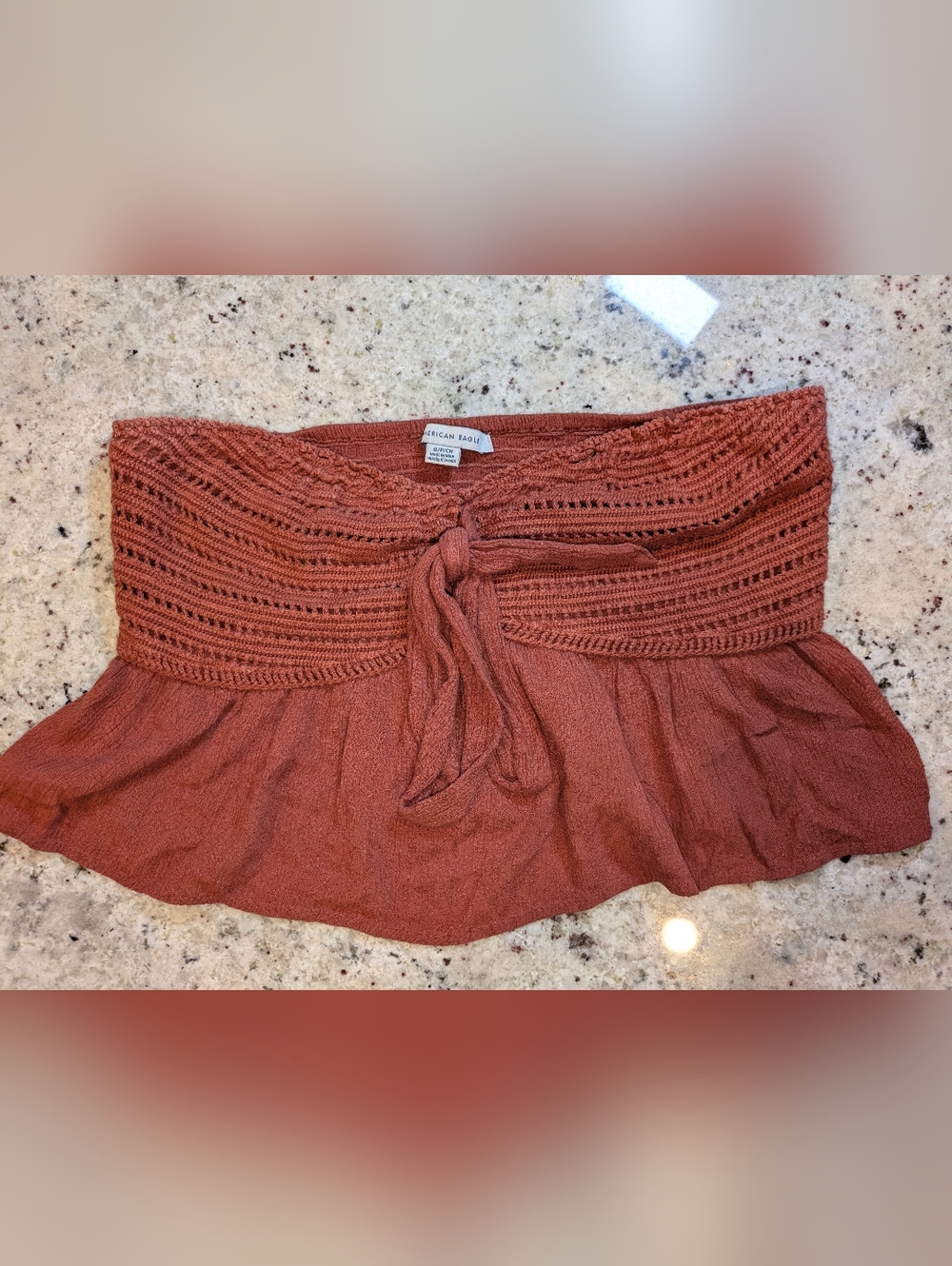 American Eagle Boho Smocked Waist Crop Top Rust Brown XS Flowy Tie Front